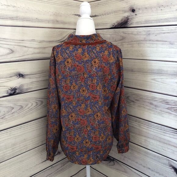 Tung Tai Vintage Burnt Orange & Blue Floral Button Down Blouse Size Small-Medium - Picture 4 of 6